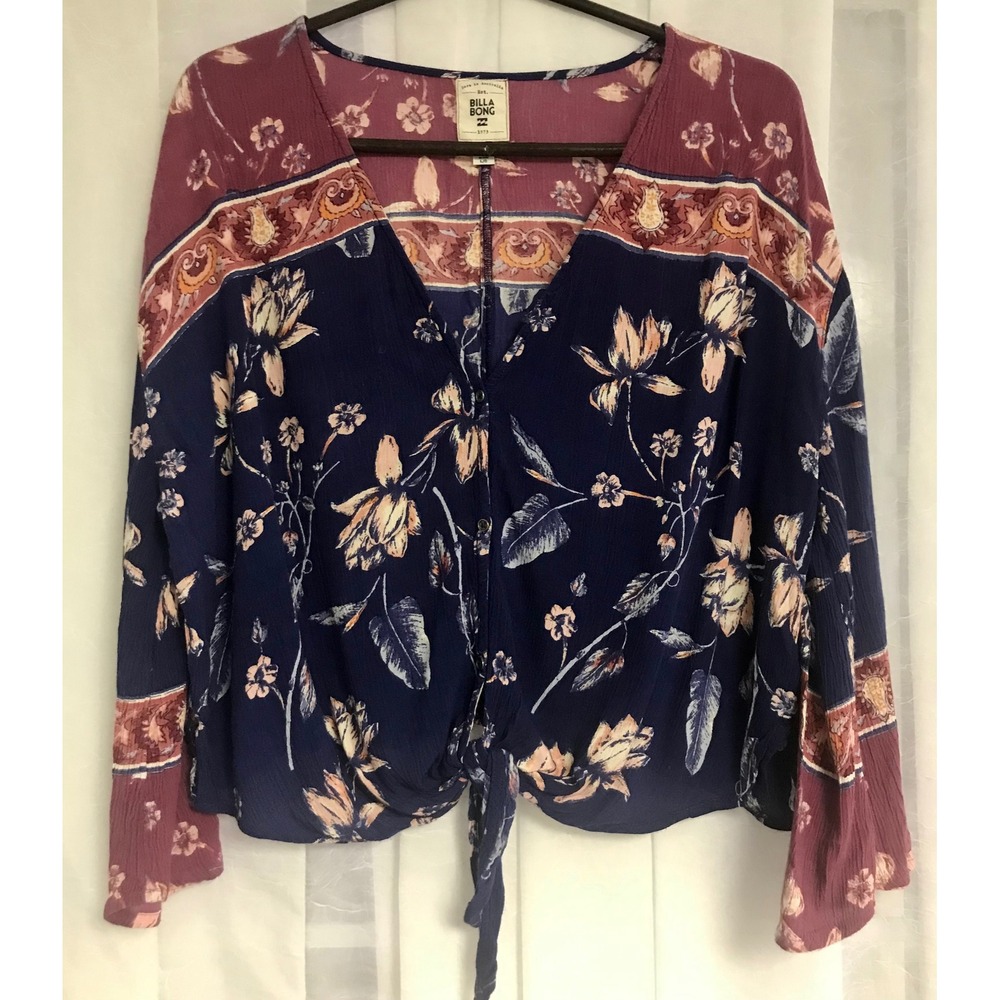 Billabong Womens Floral Long Sleeve Tie Front Blouse Navy Mauve Boho Rayon Top L